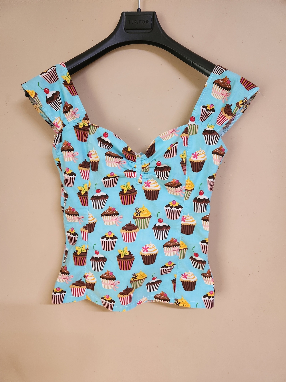 Cupcake-Print Light Blue Sweetheart Crop Top
